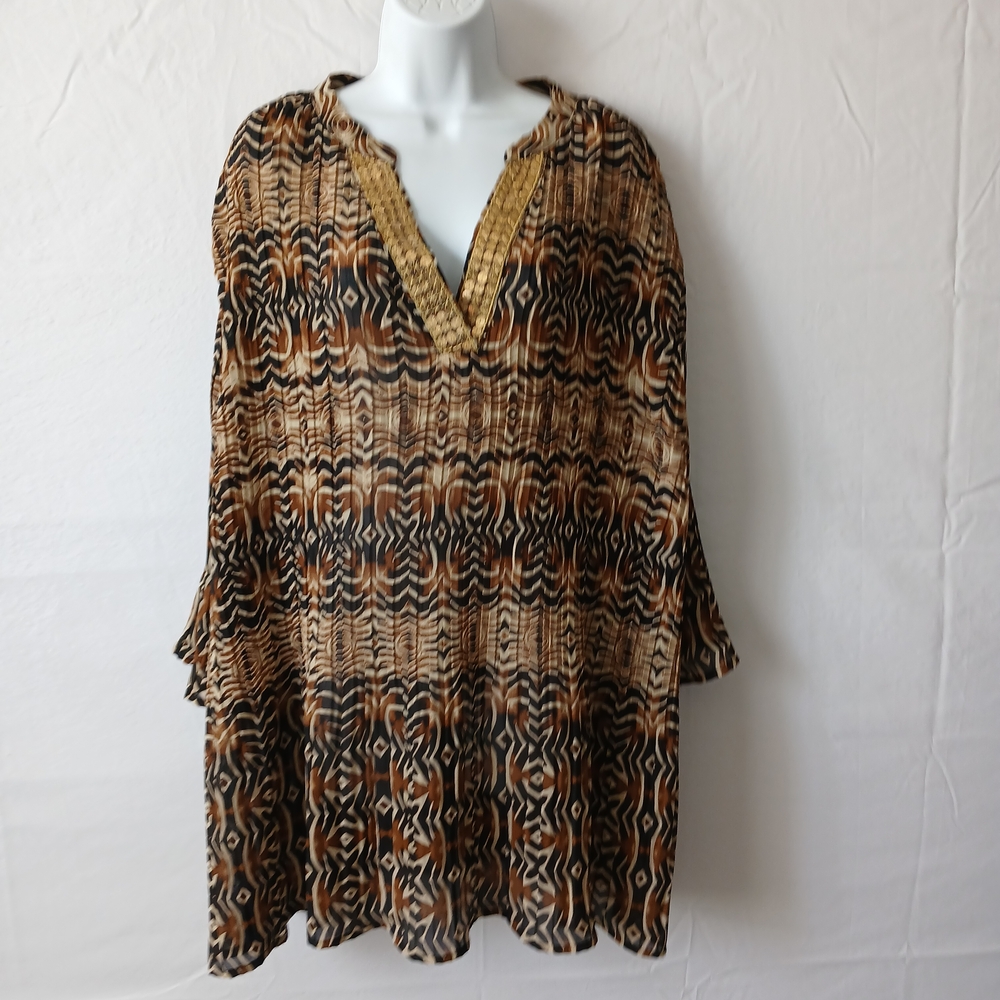Maggie Barnes Brown Earth Tones Tunic V Neck Sequin Trim Sz 3X Casual Party Work